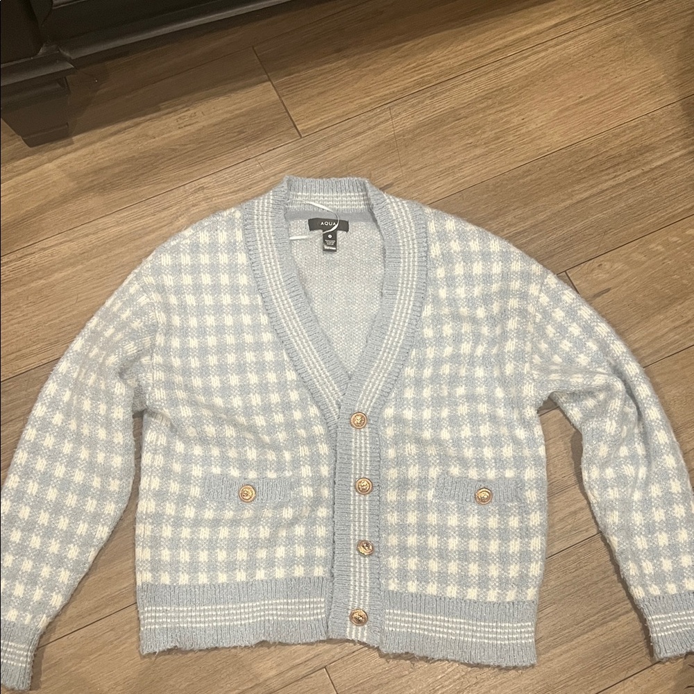 Aqua Light Blue and White Plaid Cardigan